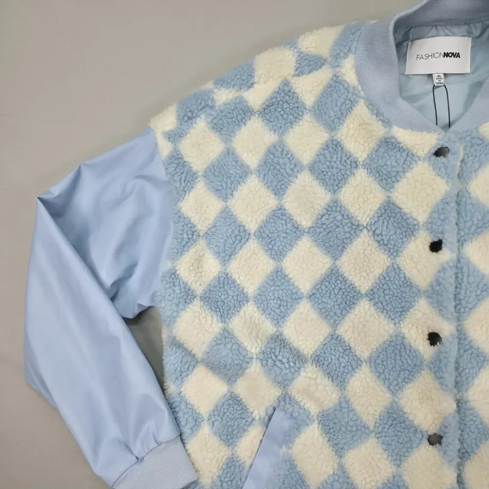 Fashion Nova Womens XL Something About You Varsity Jacket Sherpa Argyle